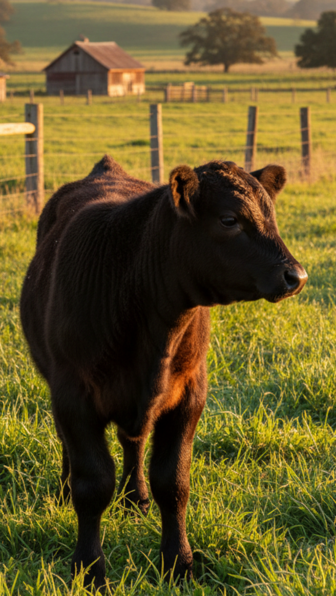 Black baby calf on pasture